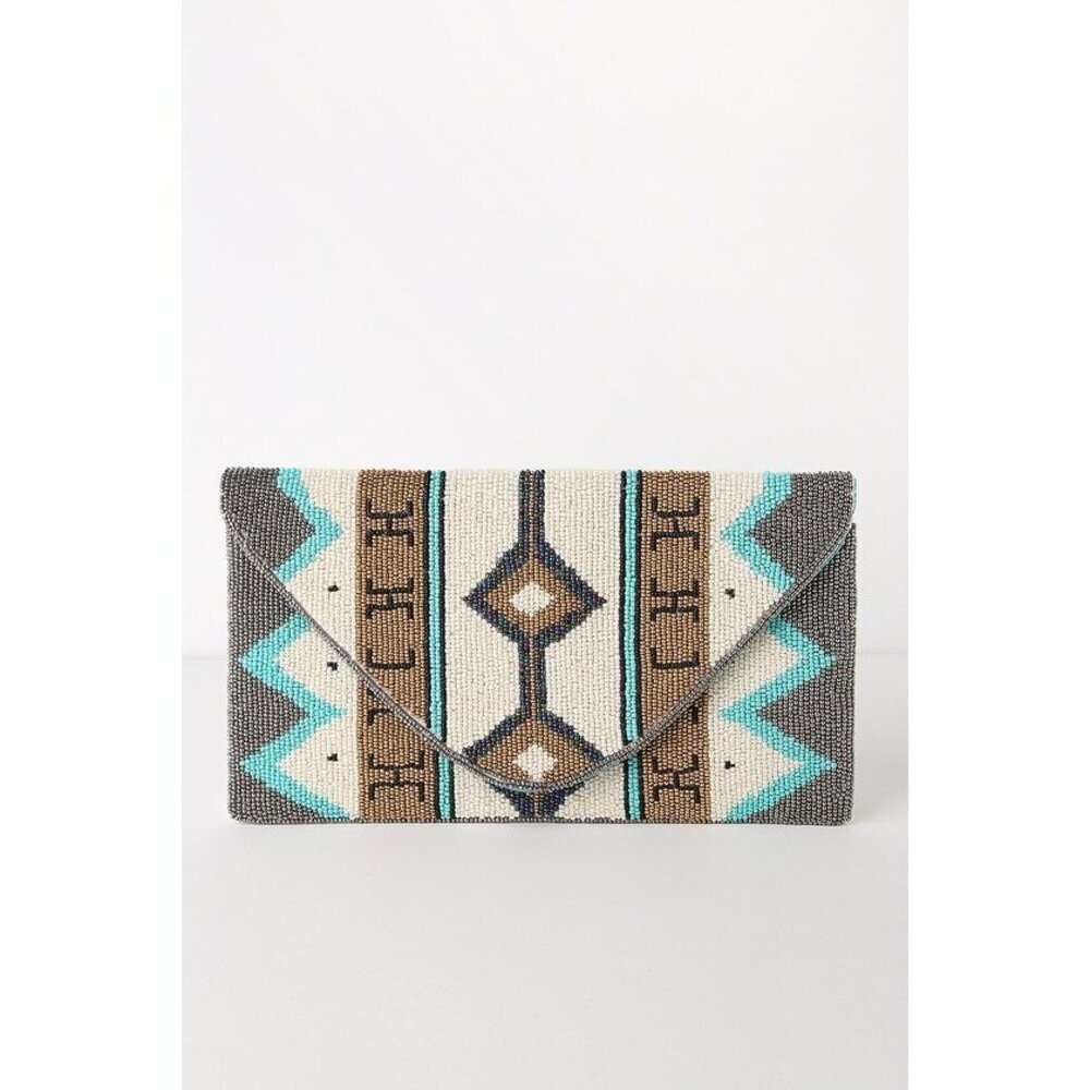 NWT Lulus Avonlea Teal Multi Beaded Clutch Blue